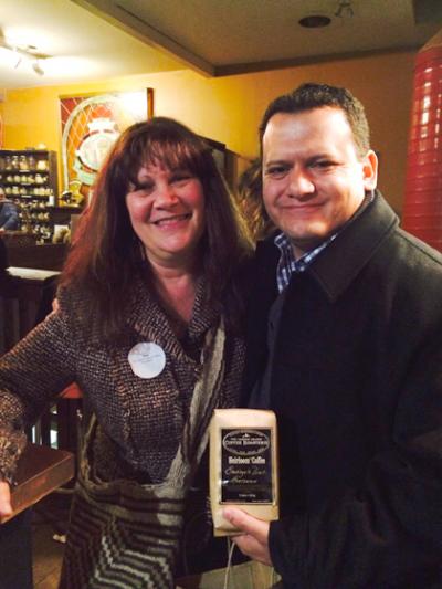 Eva DeLoach, owner of The Vashon Island Coffee Roasterie, on the left and Juan Diego Monterroso of Culpan Estate Coffee on the right, Juan holds a bag of coffee created with the beans directly sourced from his Guatemalan farm.