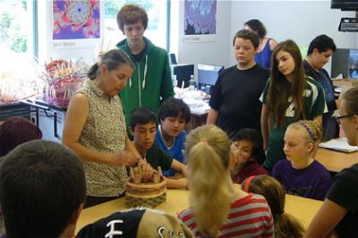 Artist Barbara Gustafson partnered with McMurray math teacher Kim Davis in a recent Vashon Artists in Schools residency project for all 7th graders, “Math in a Basket.” The world of mathematics - numbers, patterns, logical reasoning, abstraction - collided happily with the world of art for 130 students.  Beginning with lessons introducing the Fibonacci Sequence and the Golden Mean, the students explored these concepts in nature as aspects of harmony and proportion. Once grounded in the history a