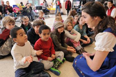 Robert Wood and his brother Richard meet Gretel, Emily Haight, as rehearsals are underway. More than 30 Vashon children will sing in the production. In the photo, Robert is the boy speaking to Gretel.