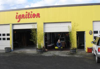 Mathilda Oldham, Vashon Vintage, takes a break at her new studio workshop in the old Brenno Glassblowing shop, where Ignition has set up an artist Workspace and Gallery